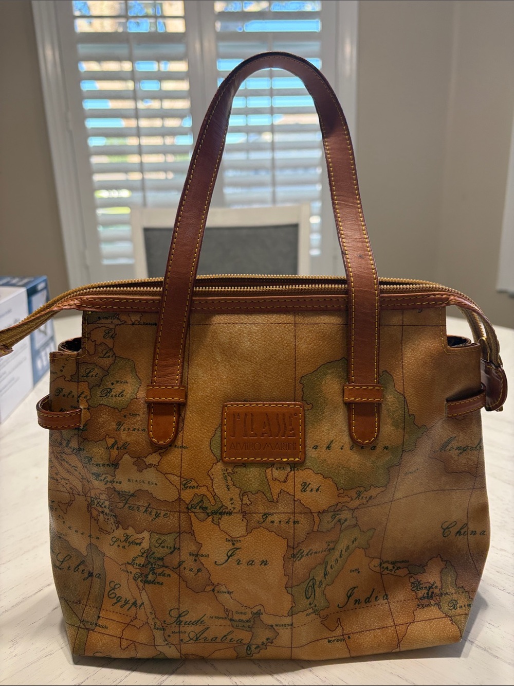 Alviero Martini Mini Tote in Tan and Brown Map Print